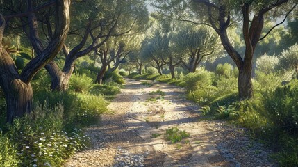 Naklejka premium Sunkissed Serenity Tranquil Olive Grove Pathway in Mediterranean Countryside