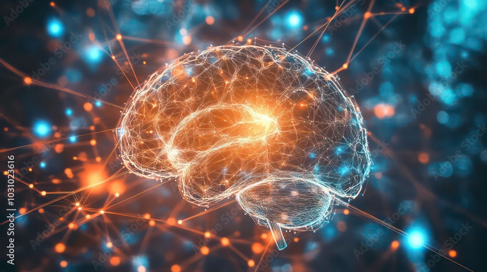 Poster a stylized, glowing, digital rendering of the human brain connected to a network of lines and dots.