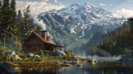 Naklejka premium Wilderness Retreat Cozy Cabin Nestled in Untouched Nature with Smoking Chimney