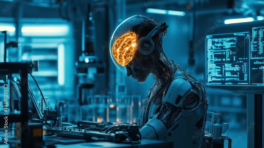 Aufkleber a futuristic robot with a glowing brain works on a laptop in a high-tech lab.