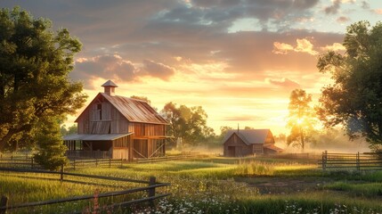 Golden Hour Glow Serene Countryside Farmhouse and Barn in Rustic Splendor