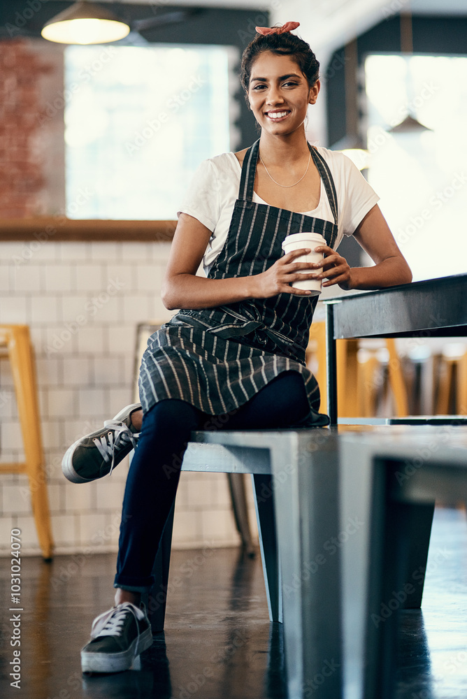 Wall mural Woman, coffee and waiter in cafe for professional service, catering and portrait on lunch break with apron. Employee, face and smile in bakery for small business, happy and working with cup of latte