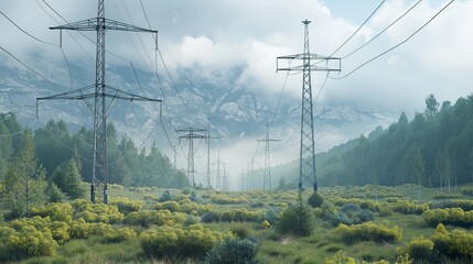 Obraz premium Harmony in Progress Pylons and Power Lines in Nature's Embrace
