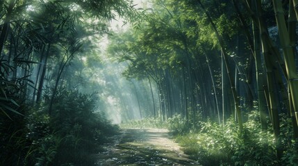 Obraz premium Enchanted Bamboo Grove A Pathway to Serenity and Solitude Amidst Nature's Majesty