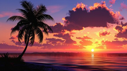 Obraz premium Golden Hour Majesty Solitary Palm Tree Silhouetted Against Radiant Sunset on Serene Tropical Oasis