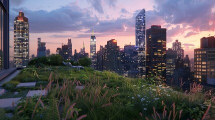 Obraz premium Glowing Cityscape Illuminated Skyscrapers at Dusk from Lush Rooftop Oasis