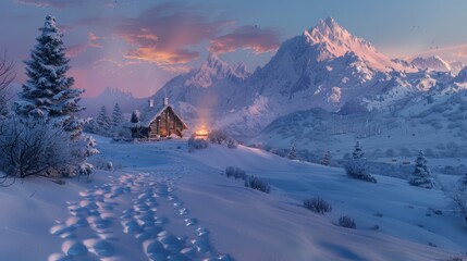 Fototapeta premium Winter Wonderland Tranquil Mountain Retreat at Dusk