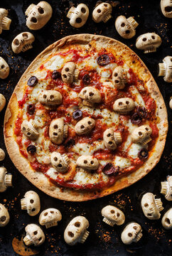 Naklejki Express pizza on tortilla. Halloween pizza with mushroom skulls, tomato sauce and mozzarella cheese. An idea for a Halloween party.