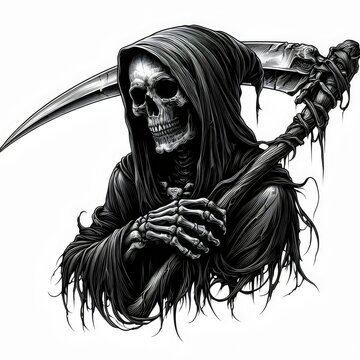 grim reaper, death with scythe isolated on white background