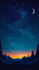 Naklejka premium Starry Night Sky over Silhouetted Forest with Crescent Moon and Distant Mountains at Dawn, 2D Flat Background Pattern for Peaceful Nature and Nighttime Serenity Themes