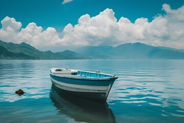 Obraz premium Lonely Boat Floating on Calm Mountain Lake 