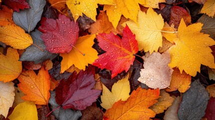 Obraz premium a leaf pile with a variety fall leaves and a touch morning dew