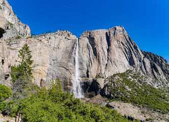 Sunny view of the Upper Yosemite Falls in Yosemite National Park