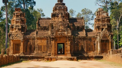 Ancient Stone Temple with Intricate Carvings and a Central Entrance