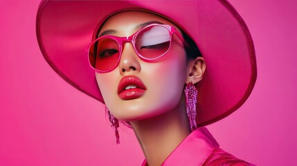 Fototapeta premium A young woman with dark hair wears a pink hat, sunglasses, and earrings against a pink background.