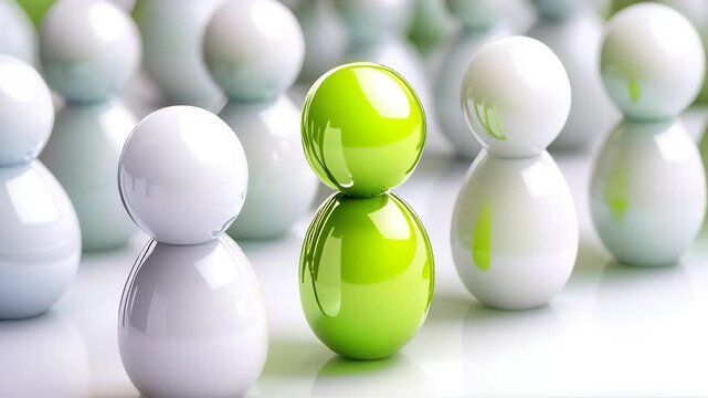 Green pawn standing out among white ones, symbolizing individuality, leadership, and uniqueness in a crowd or group setting