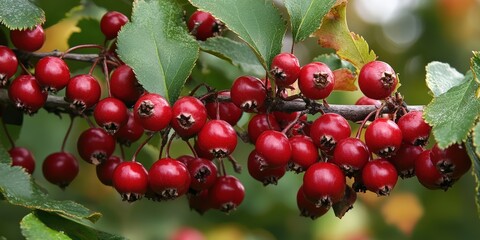 Obraz premium Hawthorn Red Berries Closeup on Autumn Tree Branch with Abundance of Nature