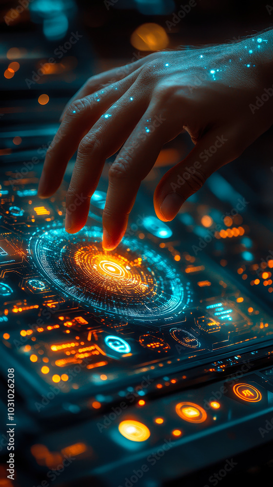 Poster hand interacting with futuristic ai data visualization on smart table in business setting, integrati