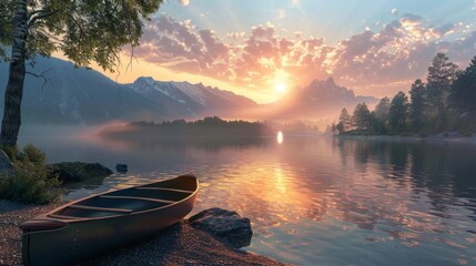 Fototapeta premium Tranquil Sunrise Majestic Mountain Lake with Canoe Reflections and Serenity