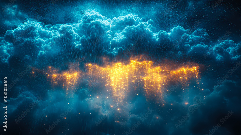 Poster futuristic digital rain in vibrant cloudscape with glowing data flow, conceptualizing cloud computin