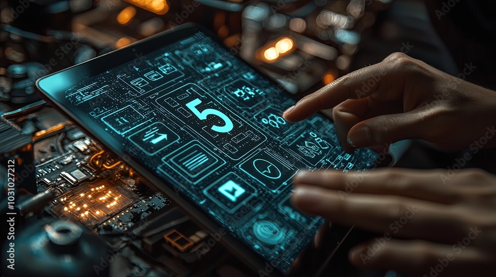 Poster a hand navigates a tablet showcasing a complex digital interface with circuits and futuristic tech e