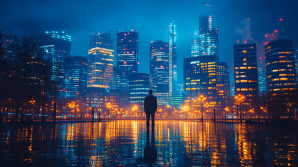 Obraz premium Solitary Businessman Gazing at Illuminated City Skyline Reflected on Wet Street at Night in Urban Financial District
