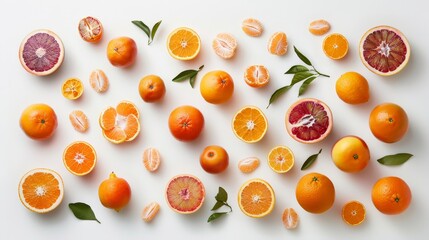 Vibrant Citrus Bounty A Colorful Array of Navel Blood Oranges and Mandarins on a Clean White Surface Freshness and Zest Captured in Every Juicy Detail