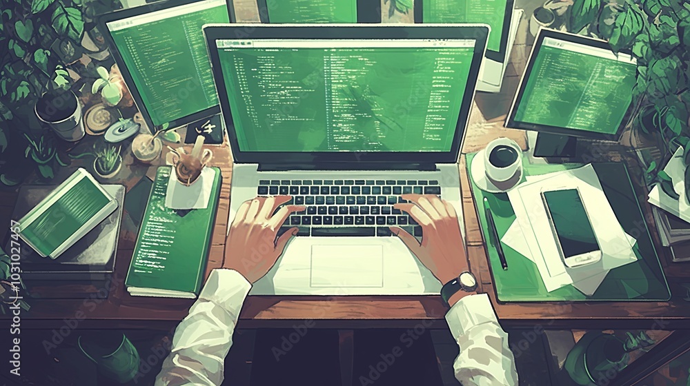 Aufkleber a person types on a laptop surrounded by multiple green screens on a cluttered desk, creating a tech