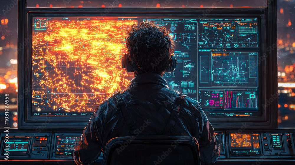 Poster in a dimly lit control room, a person is absorbing data from numerous glowing screens, reflecting a 