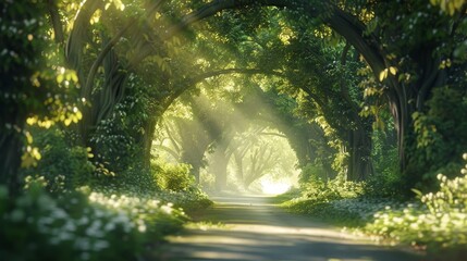 Enchanted Forest Sunlit Tree Tunnel Road Nature's Majestic Archway of Light and Shadows