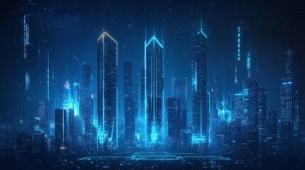 Dark blue wallpaper with a futuristic city skyline illuminated by neon lights