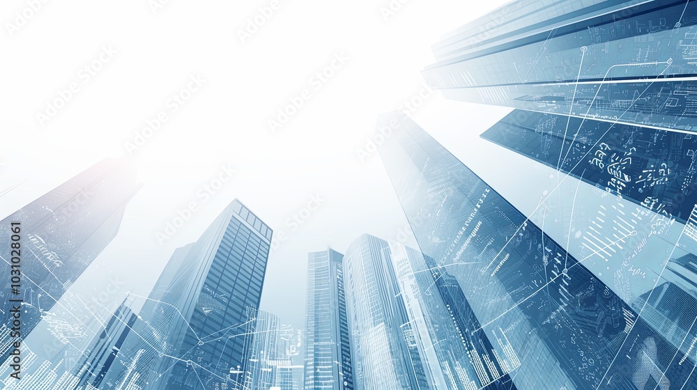 Poster a dynamic futuristic cityscape where tall skyscrapers are enveloped by digital overlays, creating a 