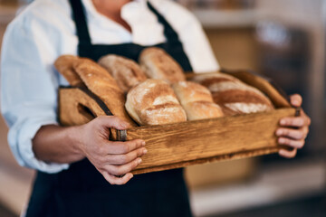 Bakery, box and hands of waiter with bread for serving food, products and pastry for small business. Restaurant, cafeteria and person for service, help and baked goods for hospitality in store