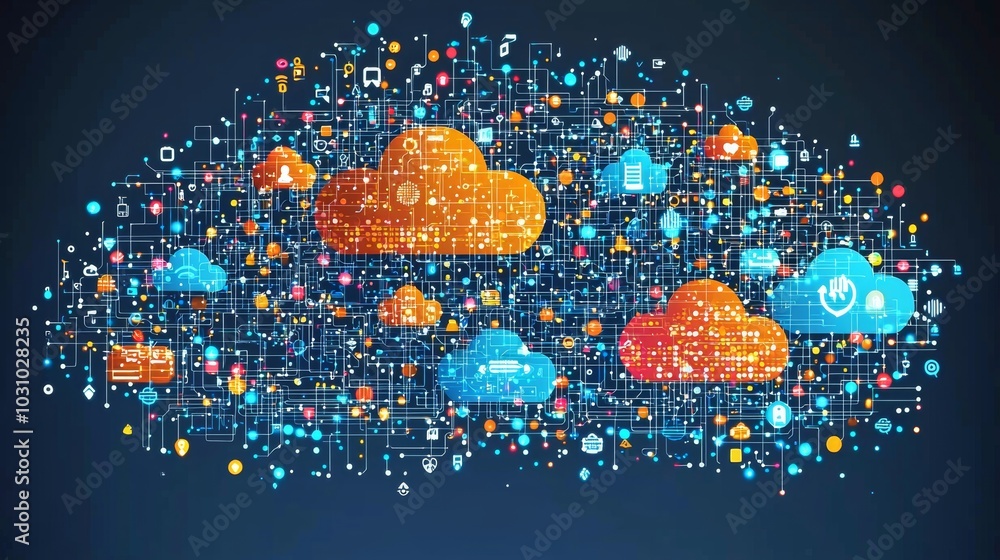 Poster a digital illustration featuring colorful cloud shapes interconnected in a network, symbolizing the 