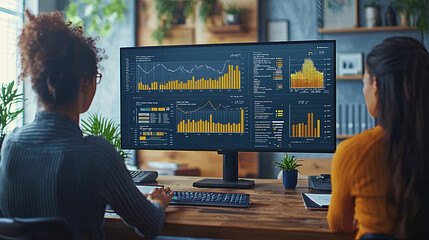 A collaborative workspace scene where two individuals are focused on analyzing detailed digital charts and graphs displayed on a widescreen monitor.