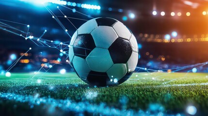 A soccer ball sits on a green field with a blurred background of a stadium at night and bright lights.