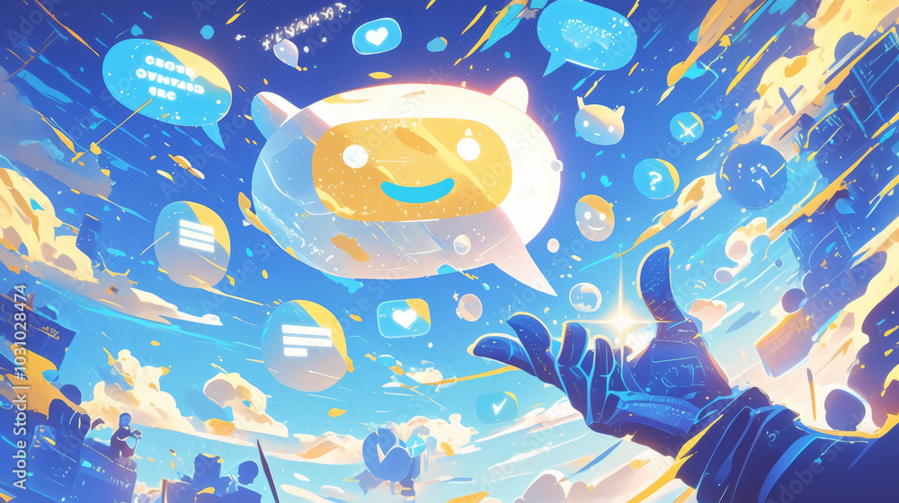 Poster a futuristic digital scene with a smiling chatbot surrounded by colorful chat bubbles, representing 