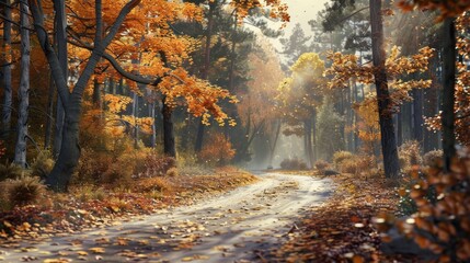 Fototapeta premium Autumn Serenity Peaceful Country Road Amidst Vibrant Fall Foliage
