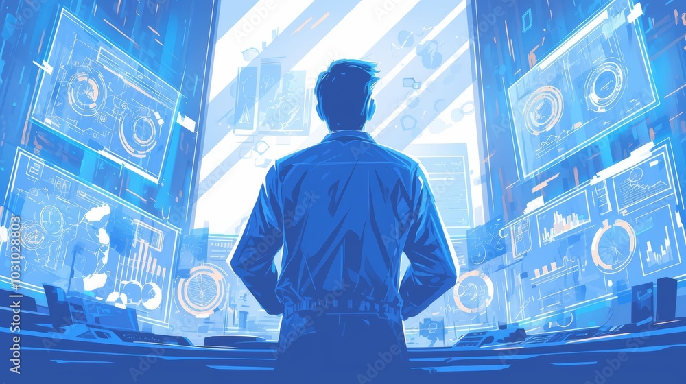 Poster a man stands in a high-tech digital command center surrounded by multiple futuristic screens, illust