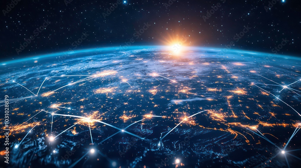 Aufkleber a satellite view of earth at night, showing city lights and a network of interconnected lines repres