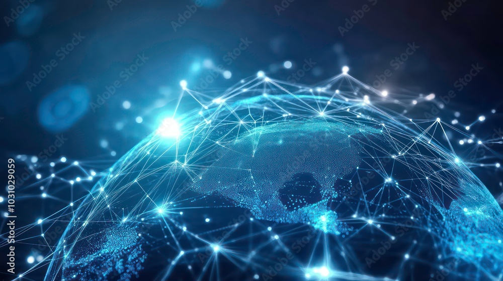 Poster a glowing blue earth with a network of interconnected lines and points representing global connectiv