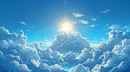 Anime blue sky filled with fluffy white clouds and a bright shining sun, joyful sunny day scene, vector image
