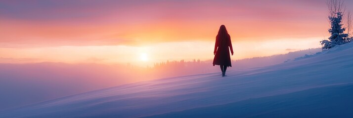 beautiful woman wandering alone in the snow