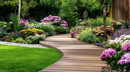 Fototapeta premium Beautiful Garden Pathway Surrounded by Vibrant Flowers