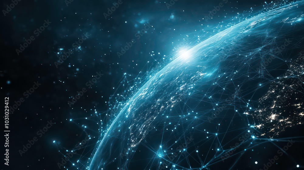 Poster a glowing, futuristic digital rendering of the earth with a network of glowing lines and points conn