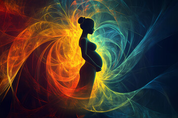 image of a pregnant woman, blending intricate geometric patterns with vibrant colors, creating a mystical and artistic representation.