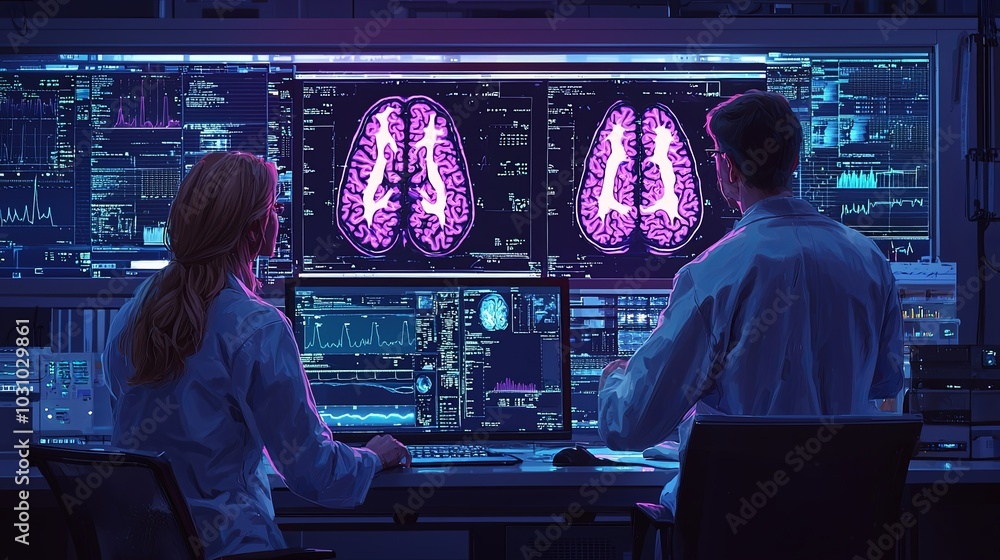 Poster two researchers in a lab observe brightly colored brain scans displayed on large digital screens, sy