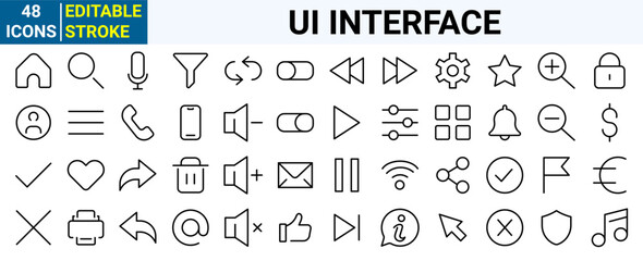 Interface ui, ux web icons in line style. User, profile, message, mobile app, document file, social media, button, home, chat, arrow, collection. Vector illustration.