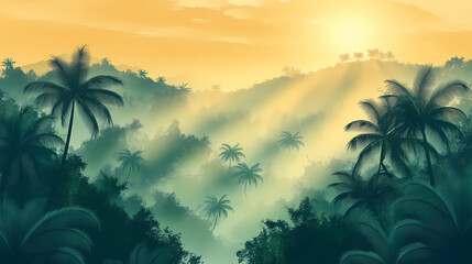 Morning misty jungle rainforest. sunrays and fog in the tropical forest. nature landscape wallpaper. Misty Jungle. Illustration