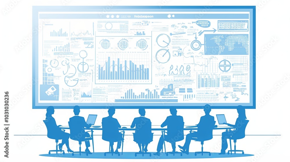 Poster a modern illustration depicts individuals analyzing data in a conference room, featuring a large dis